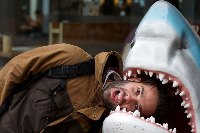 Juan Rendon playing in the JAWS of a Shark