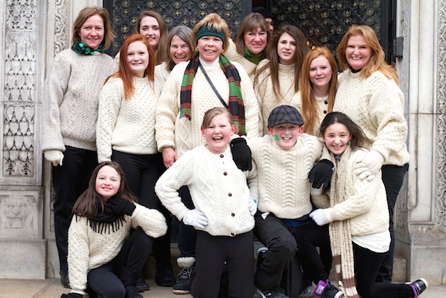 Irish American families sporting traditional Irish Aran knitwear jumpers